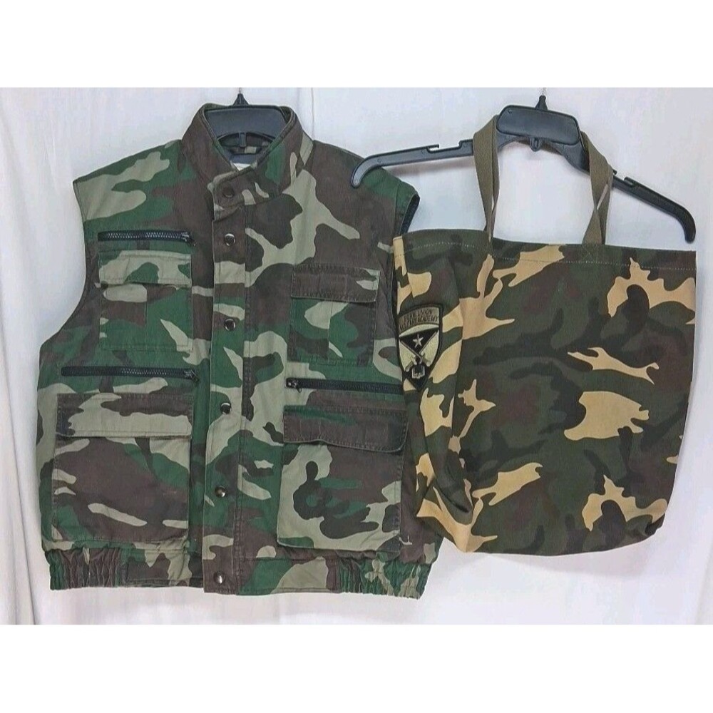 Lot Of 2 Camo Vest Full Zip Pocket & Tote Bag Skater Grunge Streetwear Men Large